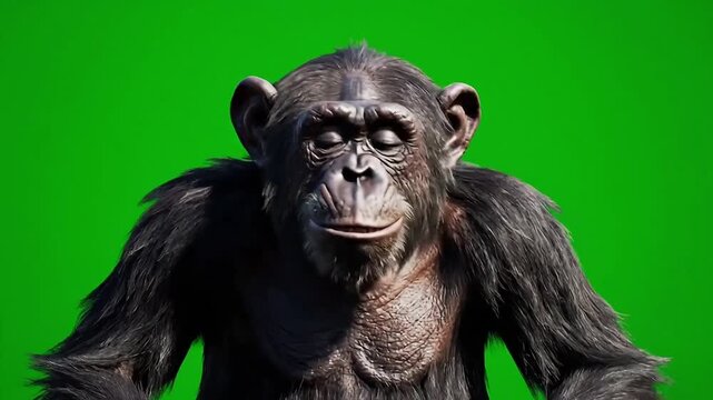Close-up of aggressive chimpanzee with open mouth on green screen