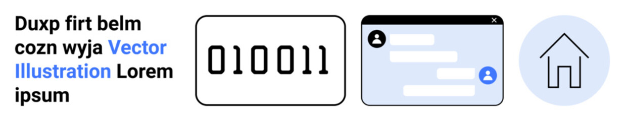 Fototapeta premium Digital systems, data exchange, user interface design, internet communication, online services, technology concepts. Binary code, chat window and house icon in a minimalist style. Digital systems