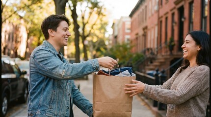 A heartwarming moment unfolds as a man passes a shopping bag to a smiling woman on a charming street, a testament to connection and care.