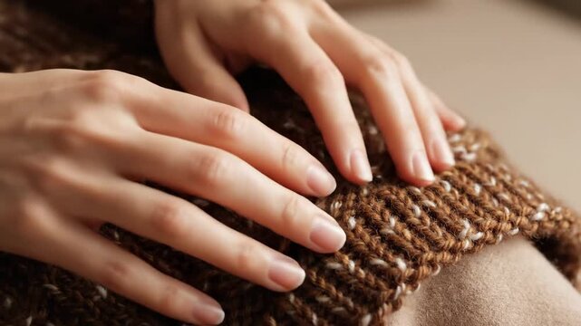 Close-up of hands adjusting a warm, textured knitted brown sweater showcasing intricate pattern details and cozy craftsmanship