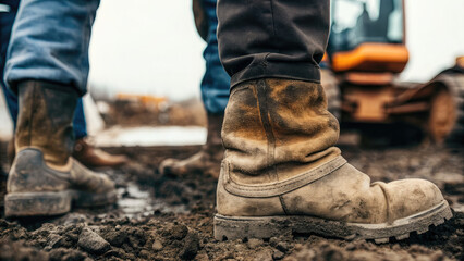 Close-up of steel-toe boots on active job site concept. Close-up of worn work boots on a construction site