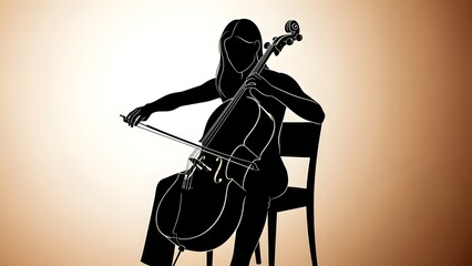 Silhouette graphic illustration depicting a female cellist seated and expertly drawing a bow across the strings of a large stringed musical instrument against a warm gradient background.