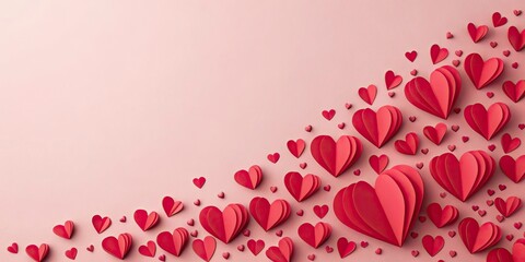 High end romantic background showing a wave of bright red and pink hearts on soft pink gradient for valentines day or love themed designs with copy space