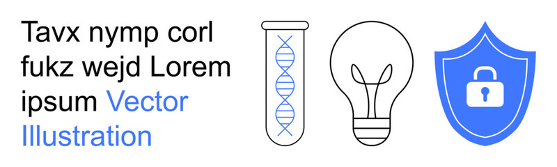 Biotechnology, innovation, security, DNA research, intellectual property, and data protection. DNA helix in a test tube, light bulb and lock on a shield. Focus on biotechnology and innovation in