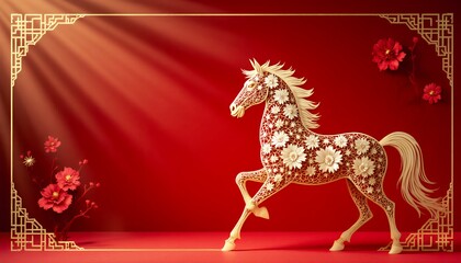 Elegant White Horse with Floral Design on Vibrant Red Background