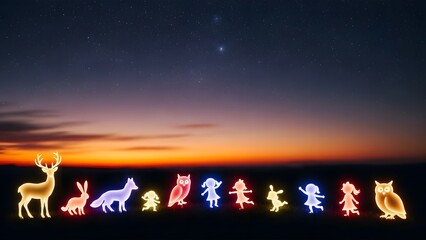Whimsical glowing silhouettes of children and friendly forest animals illuminate a grassy field under a vast twilight sky filled with bright stars