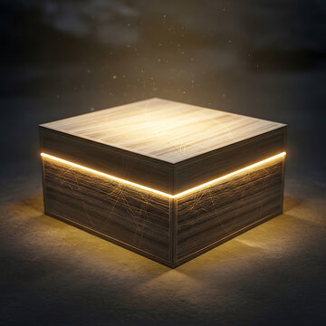 A meticulously crafted wooden closed ring box, illuminated by a subtle inner glow and floating dust motes, creating an atmosphere of mystery and anticipation.