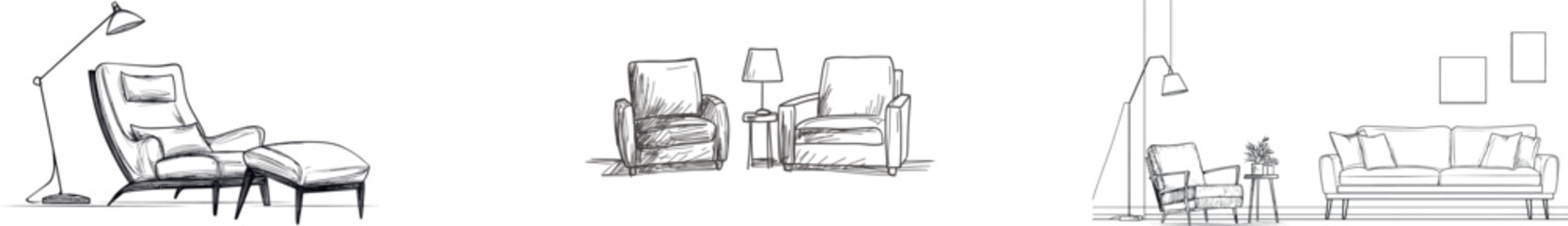 In a loft apartment, the living room is visualized through a continuous line drawing that includes an armchair, a nightstand, and a lamp, all characterized by a simple and modern linear style