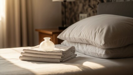 Asthma spacer on folded linen beside soft pillow in cozy bedroom with early morning light