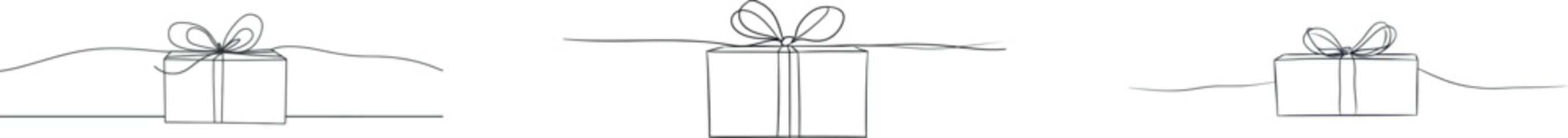 In simple linear style, a modern illustration in doodle style showcases a continuous line drawing of a birthday gift box, replete with a ribbon and bow, representing a festive present and wrapped