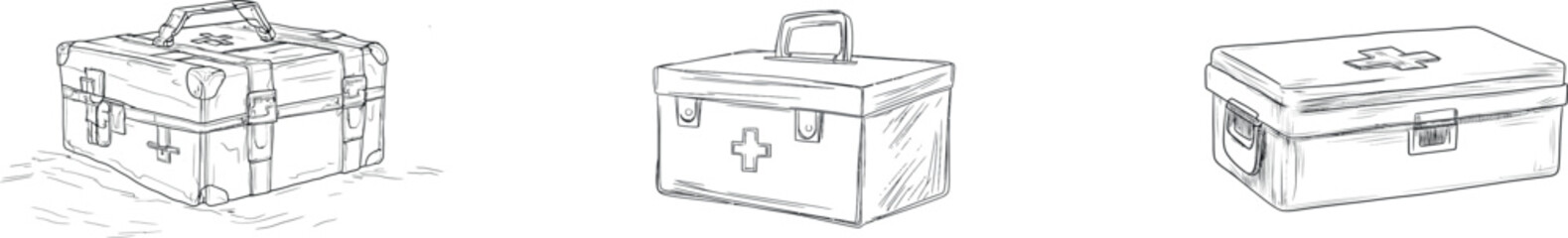 Modern art featuring a First Aid box is created using a combination of continuous line, line art, and hand-drawn techniques