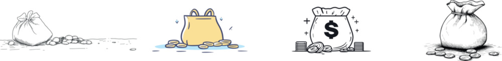 Continuous line drawings of a dollar money bag and a hand holding a coin, paired with a dollar linear symbol, convey the idea of saving money in a modern design isolated on white