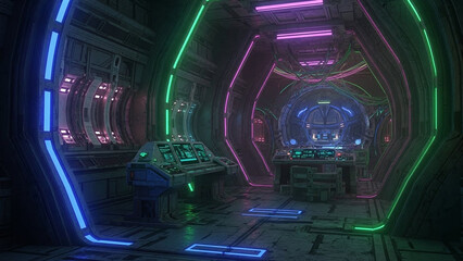 Futuristic Spaceship Interior Bridge with Neon Lights and Control Panels in Sci-Fi Style