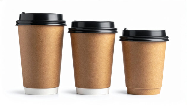 insulated brown coffee cup with lid in three sizes in a row isolated on white background