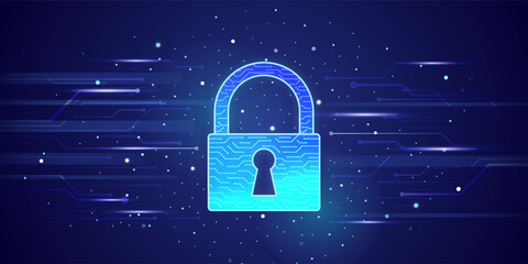 Padlock With Keyhole icon in personal data security Illustrates cyber data or information privacy idea. blue color abstract hi speed internet technology. © yusuf