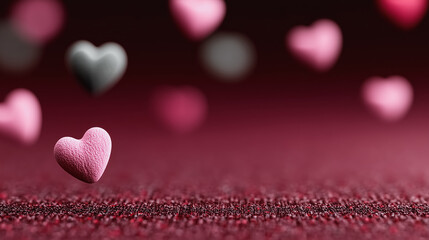 A romantic scene featuring a delicate pink heart, accompanied by an array of floating hearts, evokes feelings of affection and romance against a textured backdrop.