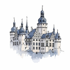 Obraz premium Watercolor Illustration of a Fairytale Medieval Castle with Blue Domes and Towers Isolated on White Background