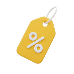 3d icon of a yellow price tag with a percentage symbol isolated on transparent background