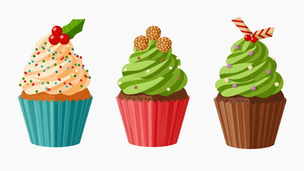 Flat vector illustration of three colorful cupcakes with festive filling and decor