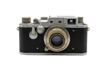 classic silver and black vintage 35mm film camera, isolated on a transparent background