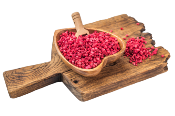 Freeze dried raspberry granules in heart shaped wooden bowl on rustic board. Natural berry ingredient flatlay with copy space