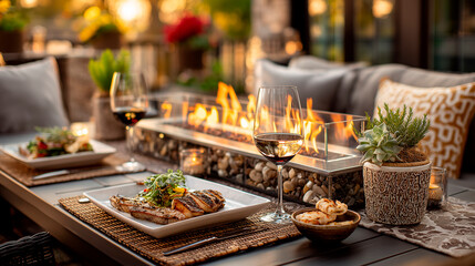 A cozy outdoor dining setup featuring a tabletop fire pit with flames, elegant tableware, wine glasses, and succulent plants on a balcony.
