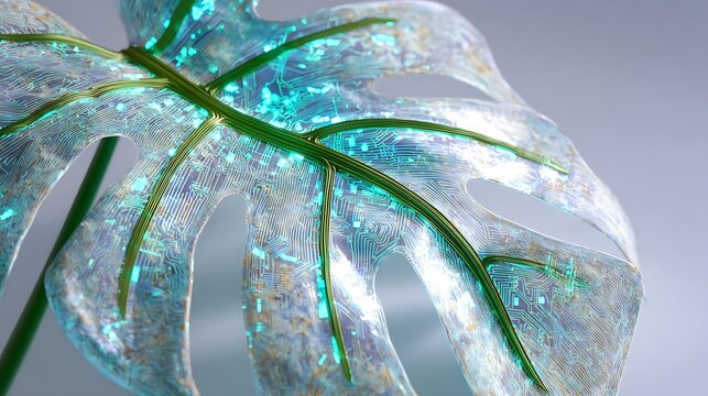 Tech Nature Fusion Monstera Leaf Vein With Glowing Fiber Optic Circuitry