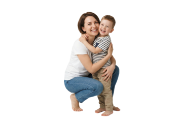 appy mother and son hugging and smiling warmly, isolated on a transparent background
