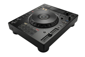 Modern black professional DJ media player controller with jog wheel, isolated on a transparent background