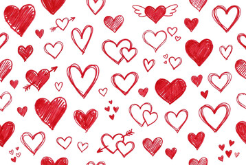 Seamless pattern background with cute hand drawn red hearts, isolated on a transparent background