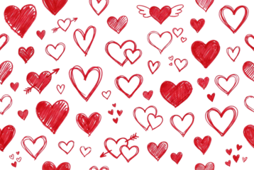 Seamless pattern background with cute hand drawn red hearts, isolated on a transparent background