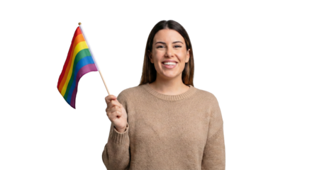 Smiling young woman holding small rainbow LGBTQ pride flag, isolated on a transparent background