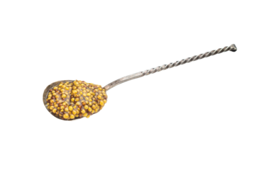 Dijon French mustard with grainy texture served on metal spoon isolated on white background minimal food style with copy space