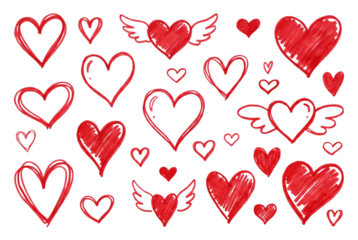 Seamless pattern background with cute hand drawn red hearts, isolated on a transparent background