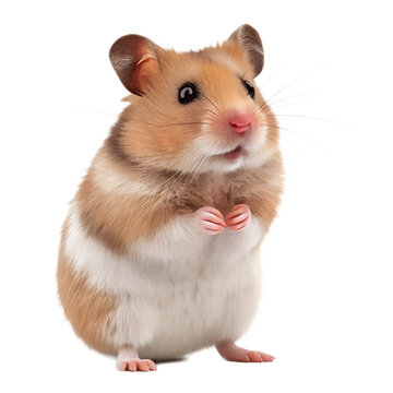 Cute syrian hamster standing upright on hind legs with paws together, isolated on transparent background