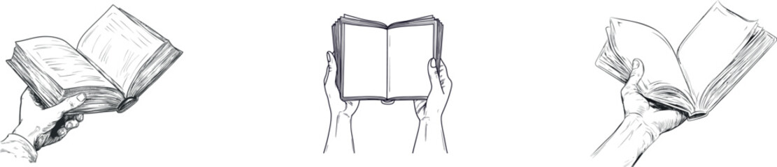An isolated image on a white background showcases a hand-drawn doodle created from one continuous line, featuring a hand that holds a magazine, book, or a piece of paper