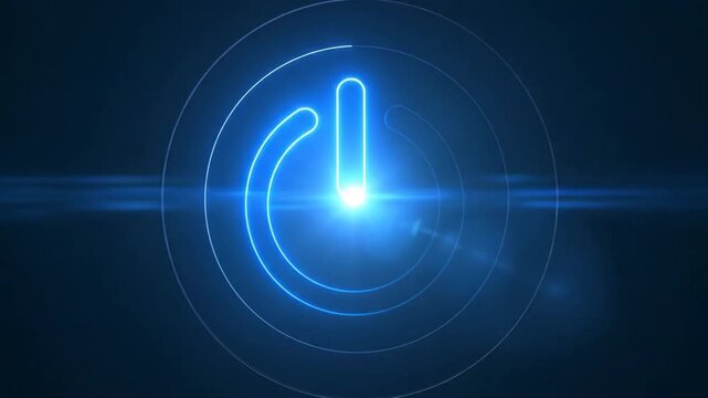 Glowing Blue Power Button on Black Background for Technology.