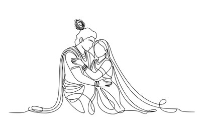 Obraz premium Continuous One Line Drawing of Radha Krishna, Minimalist Divine Couple Hugging Vector Art, Modern Spiritual Line Illustration, Hindu Mythology Abstract Sketch, Romantic Religious Aesthetic Design