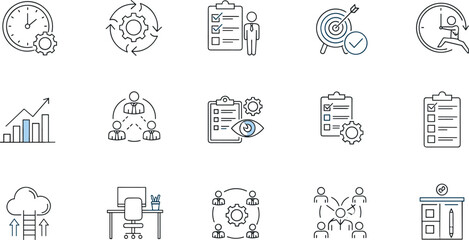 Business productivity management icons set, time efficiency workflow symbols, task planning checklist, teamwork collaboration progress, project strategy goals achievement illustration collection