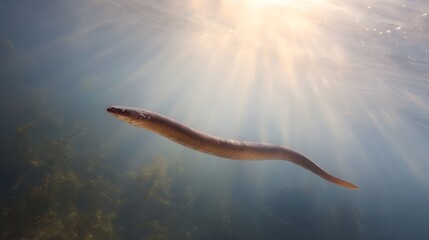 A slender eel gracefully swims through murky underwater depths with dramatic shafts of sunlight piercing the water s surface