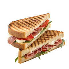 Delicious grilled panini sandwich with ham, cheese, and fresh vegetables stacked on top of each other, isolated on transparent background