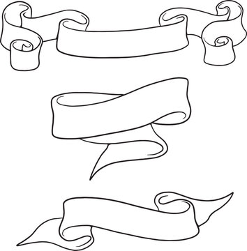 Set of hand-drawn vector ribbon banners. Collection of doodle scrolls, flags, and labels for title designs and decorations. Minimalist black line art style. Isolated on white background.