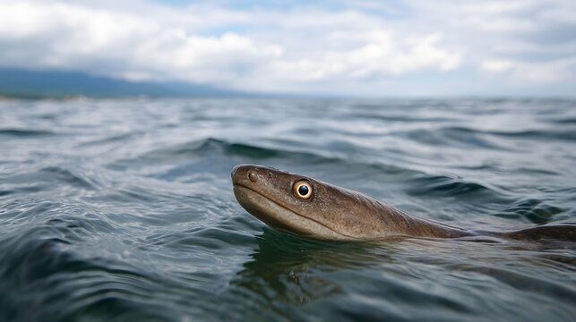 A curious sea snake s head and eye break the surface of the wavy ocean under a dramatic sky with soft clouds and a hint of land