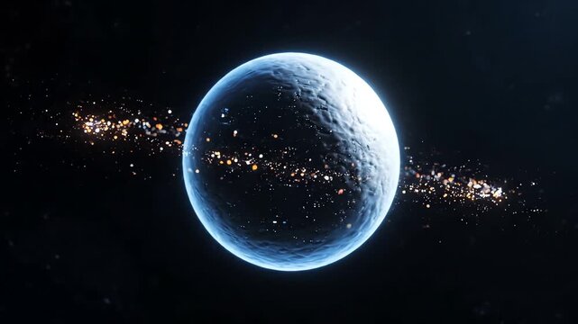 Dynamic Blue Sphere with Golden Particle Ring Orbiting in a Dark, Abstract Cosmos
