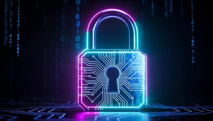 Secure data protection cyber lock with binary code backdrop secure digital access network information safety. - Powered by Adobe
