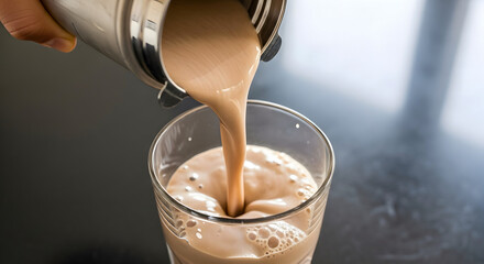 Iced coffee being poured into a clear glass