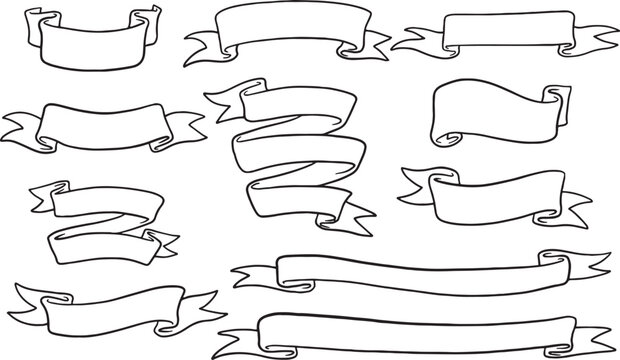 Set of hand-drawn vector ribbon banners. Collection of doodle scrolls, flags, and labels for title designs and decorations. Minimalist black line art style. Isolated on white background.