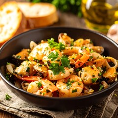 A close-up shot of a dark bowl overflowing with a seafood medley, garnished with herbs, and accented by bread and olive oil