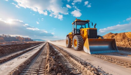 A bulldozer working on a construction site road under a clear blue sky with clouds