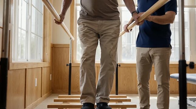 Rehabilitation Facility Patient Assisted Walking Between Parallel Bars Brown Wooden Wall And Step Structure Light Beige Trousers And Blue Shirt In Clinic Environment